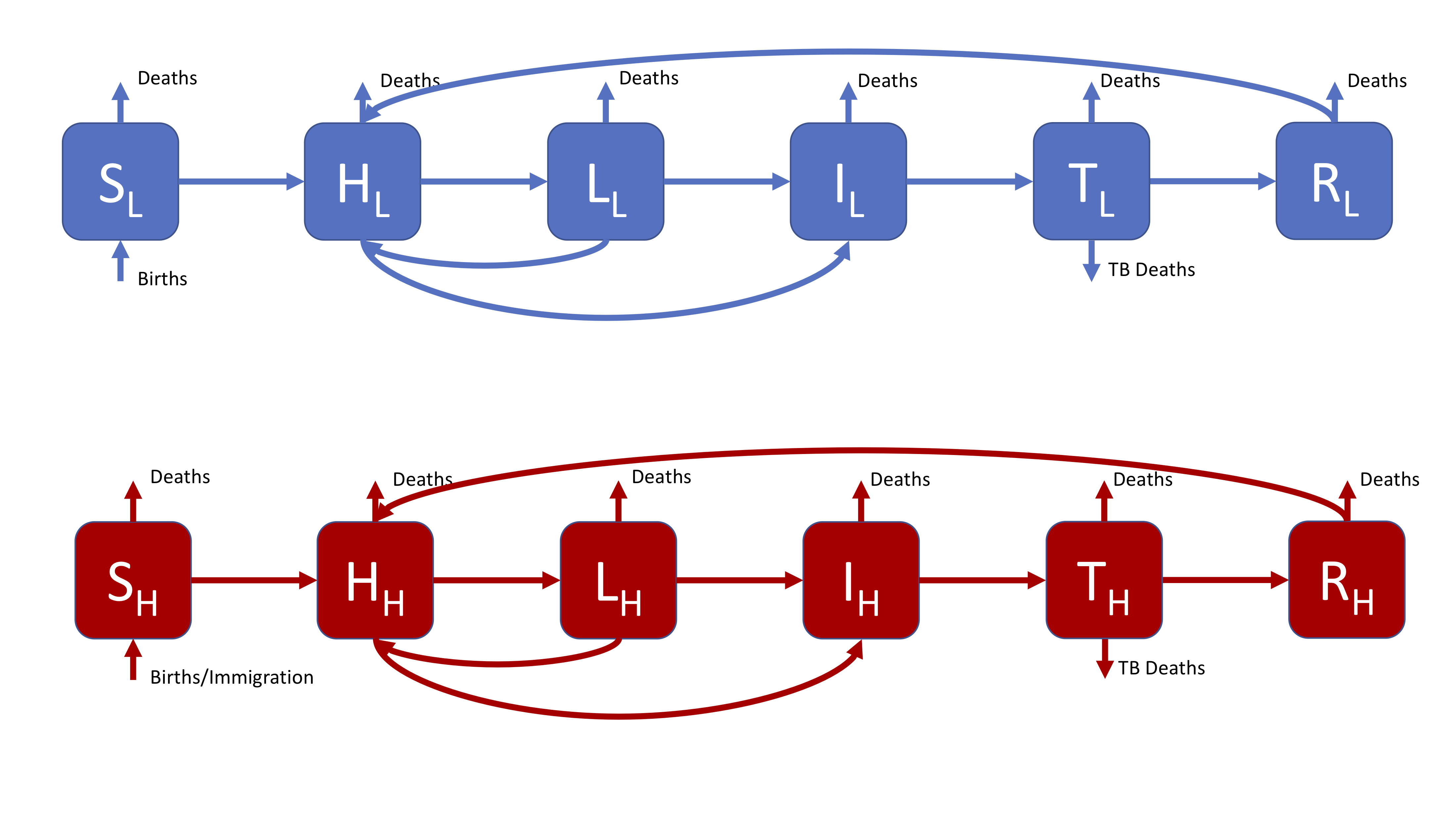 Figure 3: A realistic SHLIR model of TB transmission, including simple demographic processes